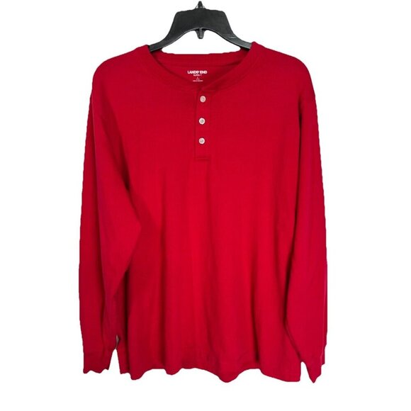 Lands End Super-T Shirt Mens Large Red Henley Long Sleeve 100% Cotton 3 Button - Picture 1 of 8